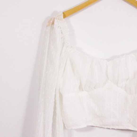 *SHEIN Frenchy Swiss Dot Lettuce Trim Crop Milkmaid Blouse - Picture 5 of 6